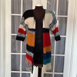 Sundance Striped Chunky Knit 3/4 Sleeve Boho Open Front Cardigan Sweater